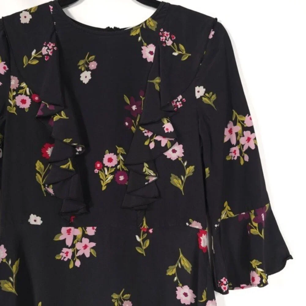 Kate Spade‎ 100% SILK In Bloom Ruffle Dress Women’s Size 2 Black Floral